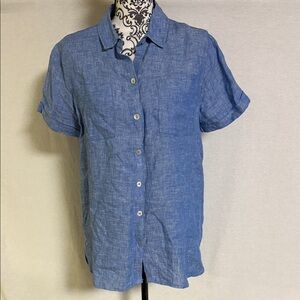 Christian Siriano Linen Casual Blue Button Down Mini Shirt Dress Hi-Low
